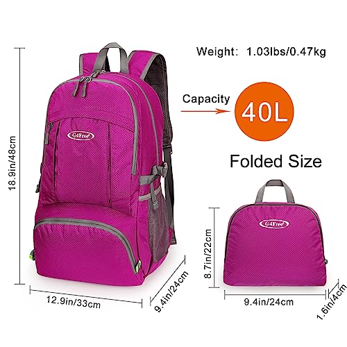 G4Free 40L Lightweight Packable Hiking Backpack, Waterproof Travel Daypack - color: Fuchsia