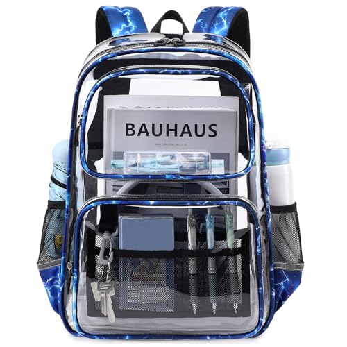 Sisipoet Clear Backpack for Boys with Lightning Print, Heavy Duty Transparent Bookbag for School, Stadium, and Concert, Blue - color: Blue/Lightning
