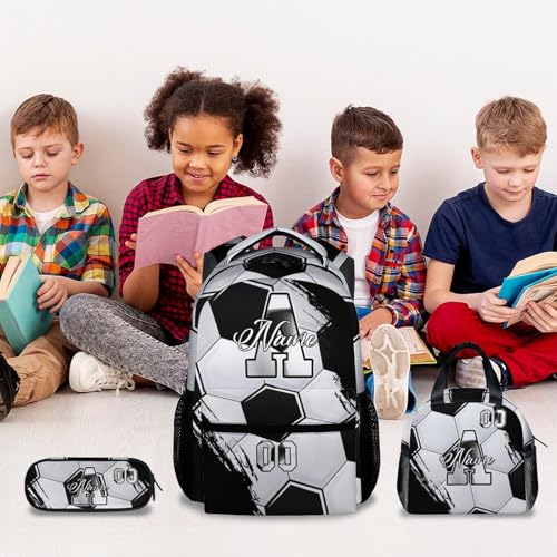 Mercuryelf Kids Backpack Set for Boys - Custom Kids Monogram Soccer Backpacks with Lunch Box for Player/School/Primary - color: Black