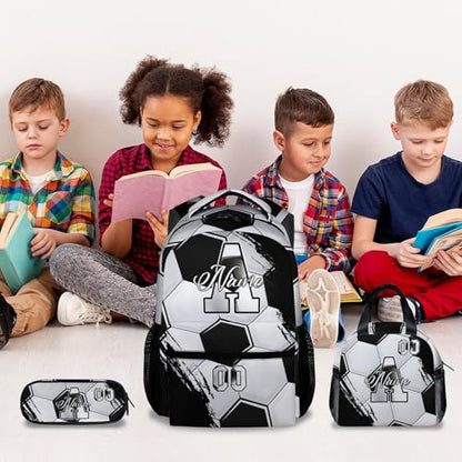 Mercuryelf Kids Backpack Set for Boys - Custom Kids Monogram Soccer Backpacks with Lunch Box for Player/School/Primary - color: Black