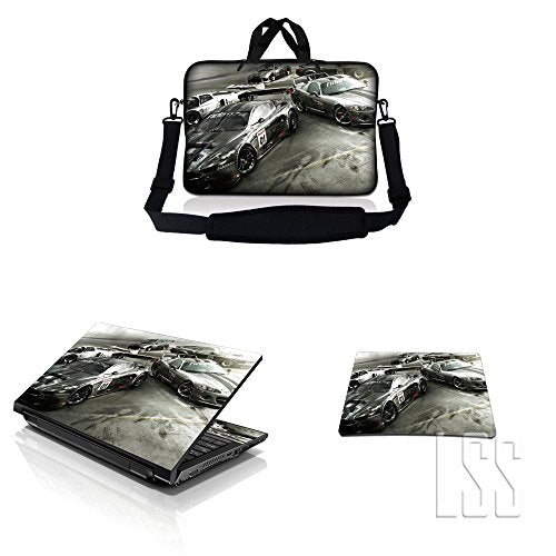 LSS 15-15.6" Laptop Sleeve Bag with Matching Laptop Skin Sticker & Mouse Pad Combo | Carrying Case for 14" 15" 15.6" - Racing Cars - color: Racing Cars, size: 15 inch