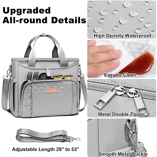 AIJIEKE Large Insulated Lunch Bag for Men Women, Leakproof Work Lunch Box | Keeps food fresh 8-12 hours. Spacious multi-pocket design with a removable strap. Water-resistant and easy-wipe interior - color: Gray