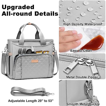 AIJIEKE Large Insulated Lunch Bag for Men Women, Leakproof Work Lunch Box | Keeps food fresh 8-12 hours. Spacious multi-pocket design with a removable strap. Water-resistant and easy-wipe interior - color: Gray