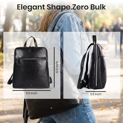 Genuine Leather Backpack for Women - 12.5 Inch with Adjustable Shoulder Strap - Stylish and Durable (Black) - color: Black