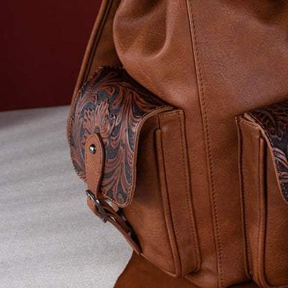 Montana West Wrangler Backpack Purse for Women Men Western Backpack Floral Tooled Travel Bags - color: Carve Brown
