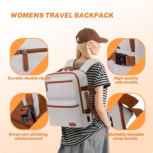 Expandable Travel Backpack Women Men with USB Charging Port, 15.6 Inch Laptop Backpack Waterproof Carry on Flight Approved for Travel Work Hiking College, Beige - color: Beige