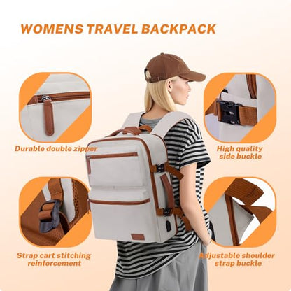 Expandable Travel Backpack Women Men with USB Charging Port, 15.6 Inch Laptop Backpack Waterproof Carry on Flight Approved for Travel Work Hiking College, Beige - color: Beige