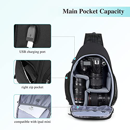 BAIGIO Camera Sling Bag Small Camera Backpack for Photographers,Water-resistant Camera Crossbody Bag Travel Caemra Backpack for DSLR SLR Mirrorless Camera - color: Black