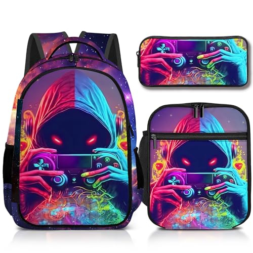Boys Backpack with Lunch Box and Pencil Case, 3Pcs Gamer Backpack for Boys Teens, 17 Inch Large Capacity - color: GAME-LZWJ-6