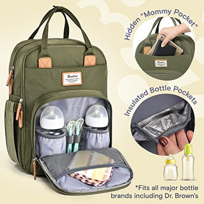 RUVALINO Diaper Bag Backpack-Expandable Baby Bag with up to 50% Capacity -Baby Essentials Bag with Changing Pad Insulated Bottle Holders & Pacifier Case, Waterproof, Army Green XL - color: Army Green