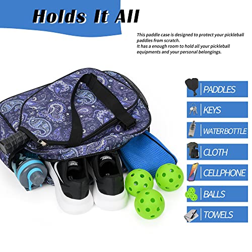 Boulder Bee Pickleball Tote Bag for Women with Paddle Holder - color: Blue cashew flower