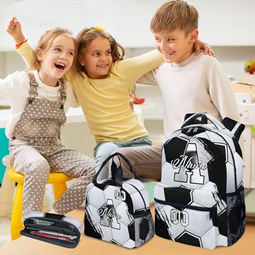 Mercuryelf Kids Backpack Set for Boys - Custom Kids Monogram Soccer Backpacks with Lunch Box for Player/School/Primary - color: Black