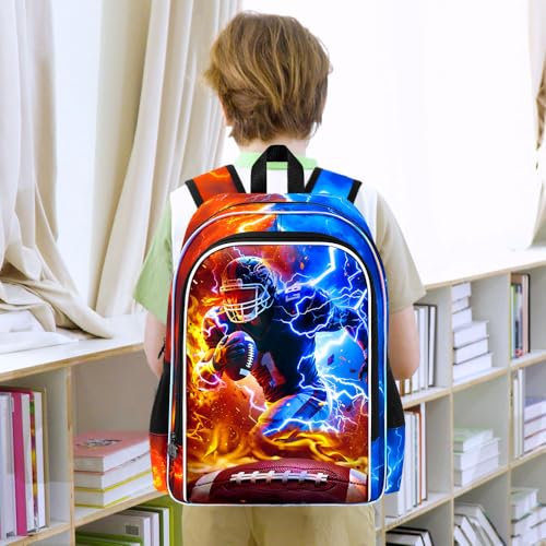 AGSDON 3PCS Boys Backpack for Boys, 17" Kids Bookbag with Lunch Box for Boy,Rugby Flame Thunder Backpacks Water Resistant and Lightweight for Teen - color: Rugby 01