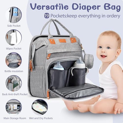 JOYCE Diaper Bag Backpack with Changing Pad, Water-Resistant, Grey | Portable changinag pad, insulated bottle pockets, stroller straps, pacifier case, Multi-Compartment storage - color: Grey