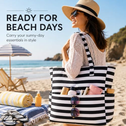 LEDAOU Beach Bag Waterproof Sandproof Women Beach Tote Pool Bag with Zipper for Swim Gym Grocery Travel with Wet Pocket | Sandproof - color: Black White Stripe