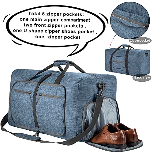 Vomgomfom 65L/85L/115L Foldable Travel Duffle Bag, Lightweight Checked Luggage with Shoe Compartment, Water-Resistant Weekender Overnight Bag for Men & Women - color: C Blue, size: 65L
