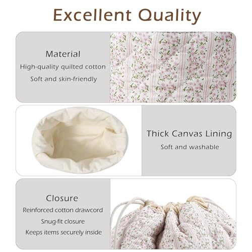 Cotton Quilted Drawstring Makeup Bag with Canvas Lining,Coquette Aesthetic Cute Travel Toiletry Bag,Drawstring Gift Bag for Women and Girls（17Small Pink） - color: 17Small Pink