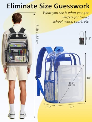 Clear Backpack Heavy Duty With A TSA Lock, 18 Inch Large Clear Back pack, Transparent See Through Bookbag for College, Work, Travel, Sport- Blue - color: Blue