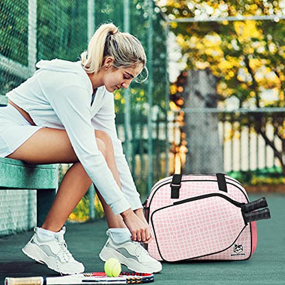 Boulder Bee Pickleball Bags, Premium Pickleball Tote Bag for Girls, Women’s Hand/Shoulder Gym Bag w Water Bottle Holder, with Pickleball Racquet/Paddle Holder - color: Pink Plaid