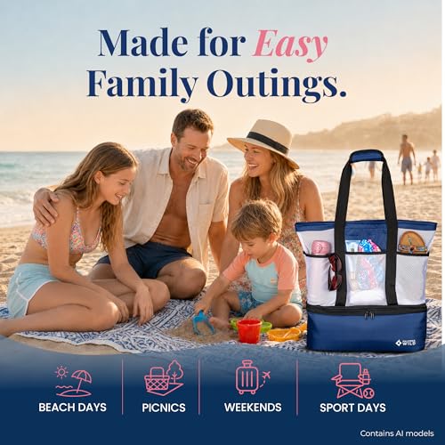 Beach Bag with Cooler Compartment Plus 3 Ice Packs – Keeps Drinks Cold for 6+ Hours – Insulated Beach Tote and Cooler Combo – Stay Organized with Two Bags in One- Perfect for Poolside and Picnics - color: Blue and White
