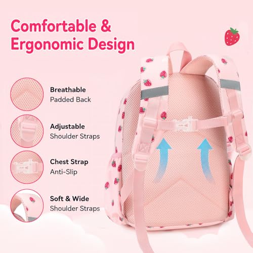 BTOOP Kids Backpack, Girls Backpack 4-6-Preschool Kindergarten School Bookbag with Insulated Lunch Compartment & Chest Strap, Pink-Strawberry Backpacks - color: Pink-strawberry, size: Age 3-6 (14.5" H Fit Folder)