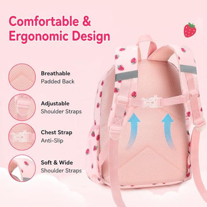 BTOOP Kids Backpack, Girls Backpack 4-6-Preschool Kindergarten School Bookbag with Insulated Lunch Compartment & Chest Strap, Pink-Strawberry Backpacks - color: Pink-strawberry, size: Age 3-6 (14.5" H Fit Folder)