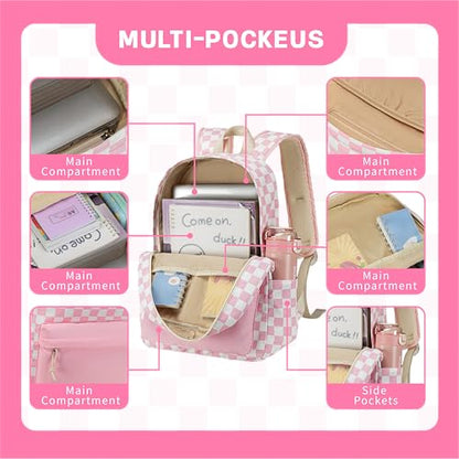 LEDAOU Kids Backpack for Girls Boys Preschool Kindergarten Elementary School Bookbag Toddler School Bag with Chest Strap - color: Pink Checkered