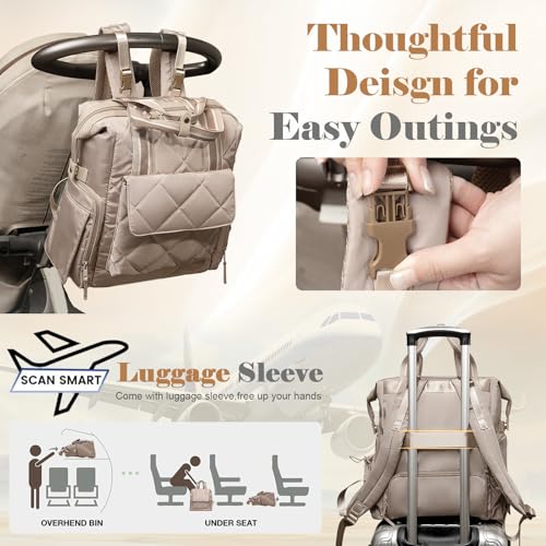 Omanmoli Diaper Bag Backpack Quilted Baby Diaper Bag Lunch Backpack Pañaleras Para Bebe for Working Moms with 11 Pouches,Large Insulated Cooler Compartment,Stroller Straps,Changing Pad,Khaki - color: Khaki