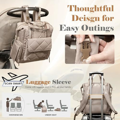 Omanmoli Diaper Bag Backpack Quilted Baby Diaper Bag Lunch Backpack Pañaleras Para Bebe for Working Moms with 11 Pouches,Large Insulated Cooler Compartment,Stroller Straps,Changing Pad,Khaki - color: Khaki