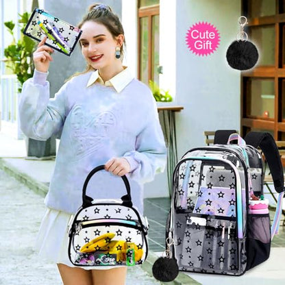 gxtvo 3PCS Girls See Through Bookbag Heavy-Duty Set for Women & Teen, 17" Black Clear School Backpack with Rainbow Strap, Cute Star Transparent Bag - color: Black Star Rainbow Clear Backpack Set