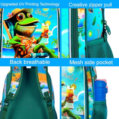 3Pcs Kids Backpack for Boys, 16" Frog Kindergarten Preschool Elementary Bookbag Set, School Backpacks with Lunch Box(Green) - color: Frog Green