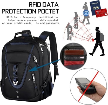 17.3 Laptop Backpack for Men Women, Extra Large Travel laptop Backpack with Rain Cover, TSA Friendly Flight Approved with RFID Anti Theft Pocket, Water Resistant School BookBag - color: Black-blue, size: 17inch(19.0 *14.6*10")