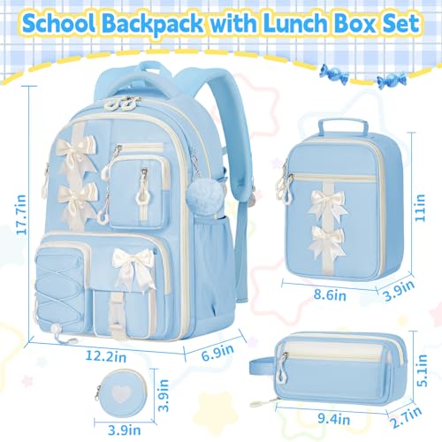 Girls Backpack with Lunch Box Set, 4 PCS Cute Kawaii School Bookbag for Elementary Girls, Blue Aesthetic Large Laptop Backpack for Kids & Teens - color: Blue