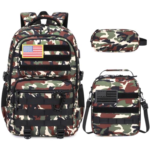 Camo Backpack for Boys, Tactical Boys Backpack with Lunch Box Pencil Case, Kids Backpacks with USB Charging Port, Military Army School Bookbag for Teen Boy Elementary Middle High School Camp - color: Brown-green
