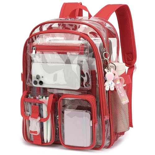 Clear Backpack Heavy Duty Transparent Backpacks Stadium Approved for School Work Sport Travel (Red) - color: Red
