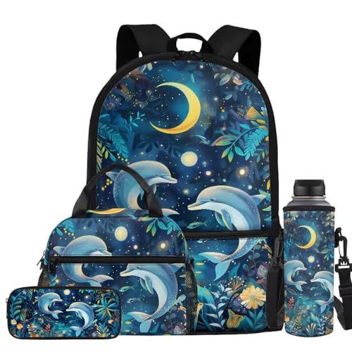 Moon Dolphin Backpack for Girls Kids Backpack with Lunch Box Pencil Pouch and Water Bottle Holder 4 in 1 Cute Backpacks for Girls 17 Inch Lightweight School Bag with Front Pocket - color: Moon Dolphin