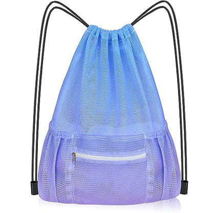 Mesh Drawstring Bag with Zipper Pocket, Beach Bag for Swimming Gear Backpack Gym Storage Bag for Adult - color: Blue