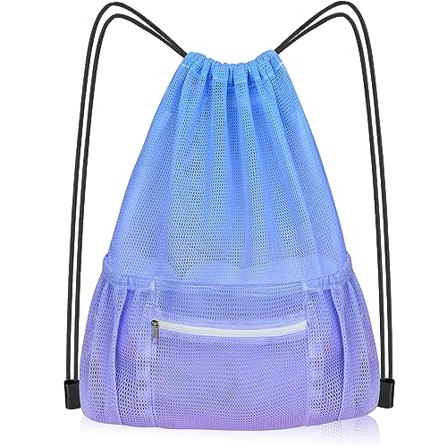 Mesh Drawstring Bag with Zipper Pocket, Beach Bag for Swimming Gear Backpack Gym Storage Bag for Adult - color: Blue