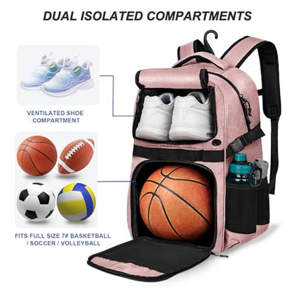 Basketball Backpack with Separate Ball & Ventilated Shoe Compartment, Sports Bag with Hook for Men Women Teens Training Travel - color: Flesh Pink