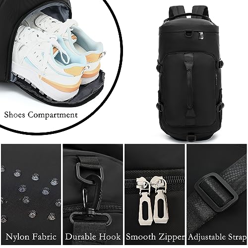 Gym Bag for Women,Waterproof Duffel Backpack Sports Duffle Bag with Shoes Compartment,Carry On Rucksack Daypack for Travel Yoga Camping (Black)