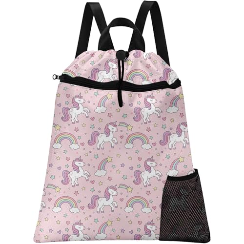 Pink Unicorn Drawstring Backpack, 15” x 17” Waterproof Swim Bag for Beach Swimming Pool, Lightweight Foldable Gym Bag with Water Bottle Holder for Sports Travel - color: Pink Unicorn