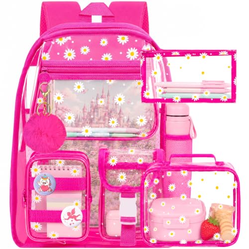 Clear Backpack, Heavy Duty Transparent Bookbag for Women and Men - color: Clear Backpack - Chrysanthemum Rose
