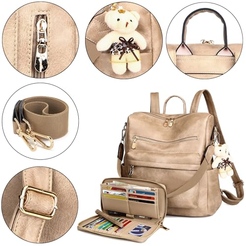 Soperwillton Women Backpack Purse Multipurpose Design Handbags Shoulder Bag PU Leather Travel bag Backpack Set 2pcs - color: Z-sand