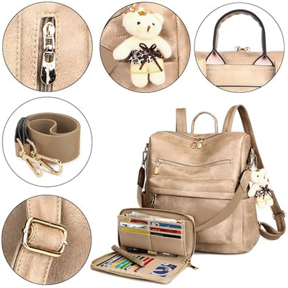 Soperwillton Women Backpack Purse Multipurpose Design Handbags Shoulder Bag PU Leather Travel bag Backpack Set 2pcs - color: Z-sand