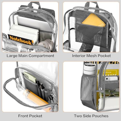 PAMANO Clear Backpack, Heavy Duty Transparent Reinforced Bottom See Through for College, Travel Work Security - color: Grey