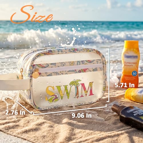 COSHAYSOO Clear SWIM Bag Swimming Pool Day Accessories for Women Teen Girls Bikini Swimsuit Goggle Cap Sunscreen Hair Makeup Organizer, Cute Swimmer Team Gifts Travel Waterproof Small Pouch, Tropical - color: Green SWIM