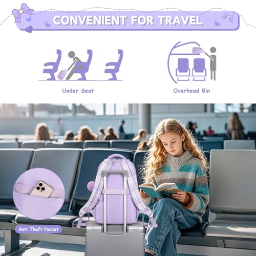 MOONBABY Girls Backpack, Kids Backpack for Girls School Bags with Pen Case, Bow Plaid Book Bag for Elementary Middle Primary High School College, Purple-2pcs - color: Purple
