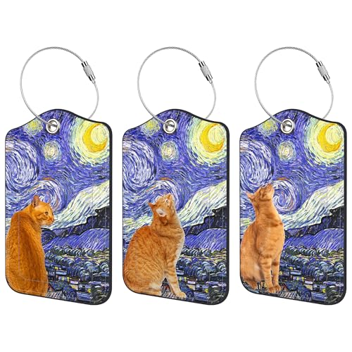 Luggage Tags for Suitcase 3 PCS Starry Sky Cat Leather Travel Luggage Tag with Stainless Steel Loop Name ID Label Privacy Cover for Women Men Travel - color: Starry Sky Cat