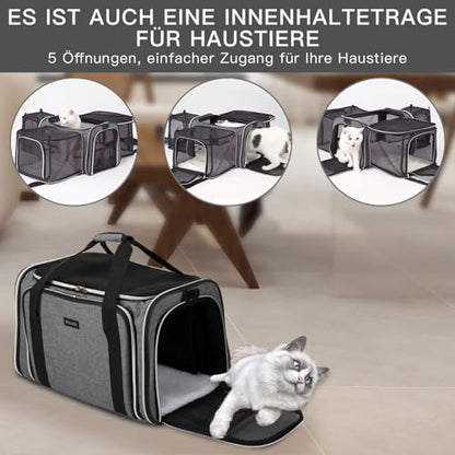 BAGLHER Cat Carrier Bag,Airline Approved Pet Carrier Soft Side Pet Travel 5 Sides Open Doors 3 Sides Expandable Foldable Dog Carrier with Fleece Pad - color: Grey, size: 17.5"L x 12.0"W x 11.5"H
