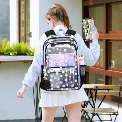 gxtvo 3PCS Girls Clear Backpack Heavy-Duty Set for Women & Teen, 17" Black Transparent Bookbag with Rainbow Strap, Cute Chrysanthemum See Through School Bag - color: Black Chrysanthemum Clear Backpack Set